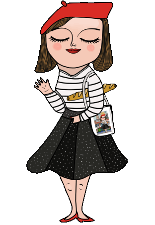 Cartoon woman in a red beret, striped shirt, black skirt, holding a bag with a baguette.